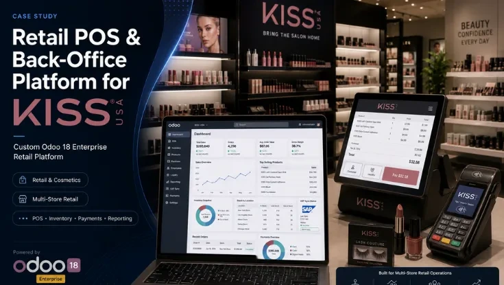 KISS USA retail POS and back-office platform powered by Odoo 18, showing sales, inventory, payments, reporting, and multi-store management.