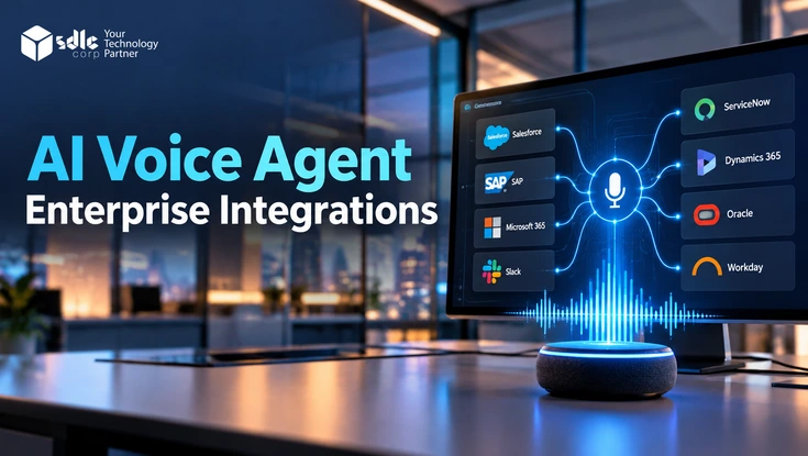 AI Voice Agent Enterprise Integrations dashboard connecting Salesforce, SAP, Microsoft 365, Slack, ServiceNow, Dynamics 365, Oracle, and Workday.