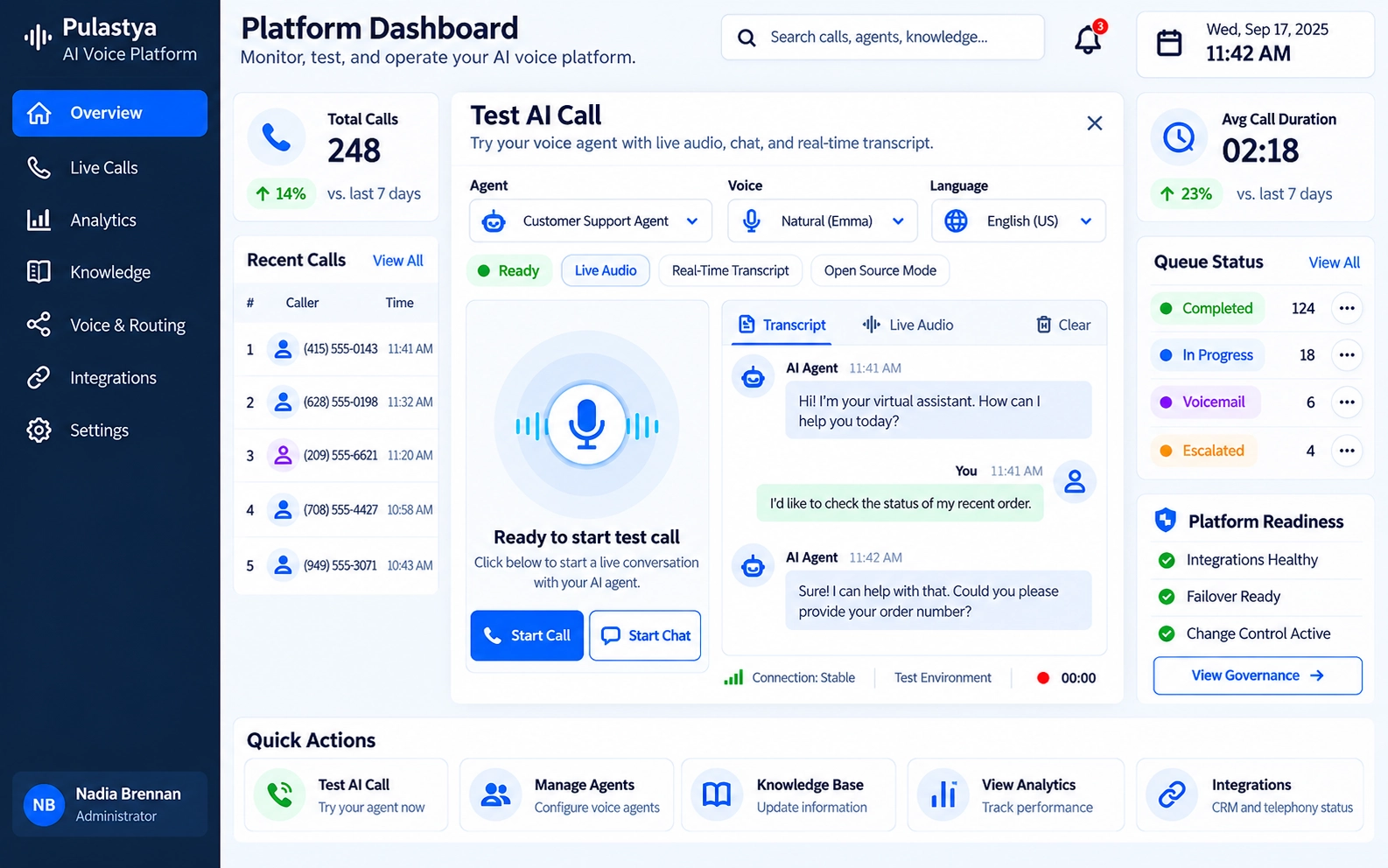 Pulastya voice AI test call dashboard for browser-based call testing, live transcript review and agent validation before launch.