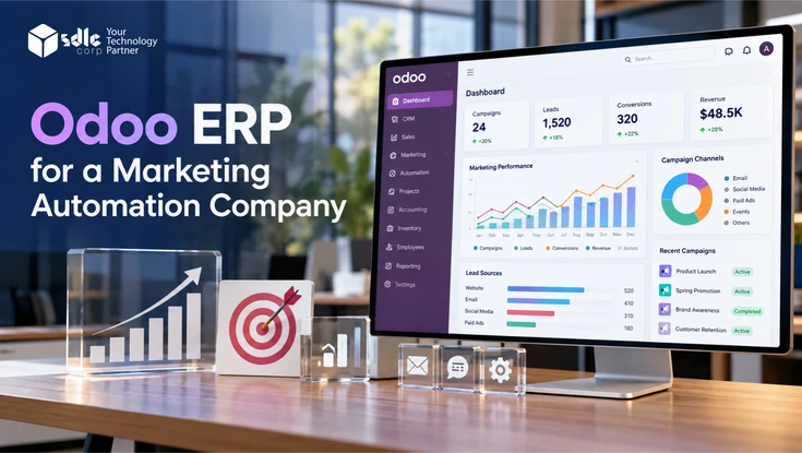 Odoo ERP dashboard for a marketing automation company showing campaigns, leads, conversions, revenue, and marketing performance analytics.