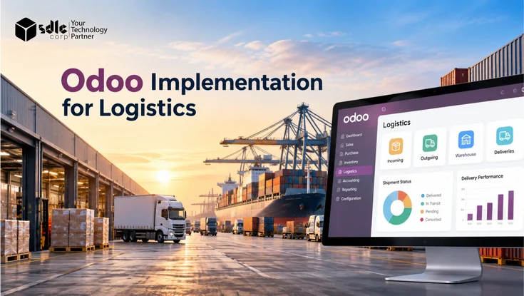Odoo implementation for logistics featuring warehouse operations, freight trucks, cargo shipping, and an Odoo logistics management dashboard.