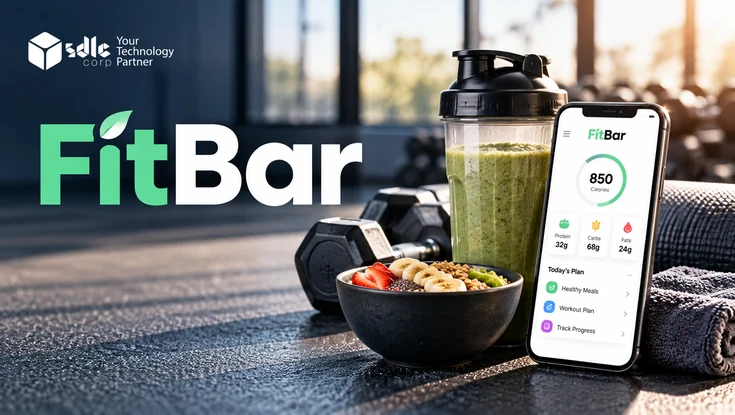FitBar fitness and nutrition platform featuring a health-tracking app, protein smoothie, healthy meal bowl, and gym equipment.