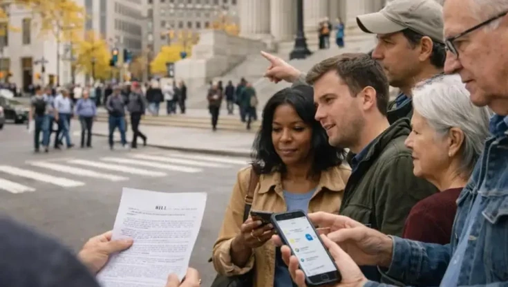 Diverse group of people reviewing a document and using smartphones near a public building in an urban setting.