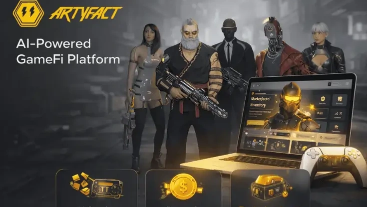 Artyfact AI-powered GameFi platform featuring futuristic game characters, gaming interface, rewards, and exclusive digital assets.