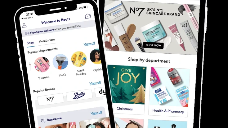 Two smartphones displaying a Boots mobile shopping app with product search, departments, skincare, health, pharmacy, and beauty products.