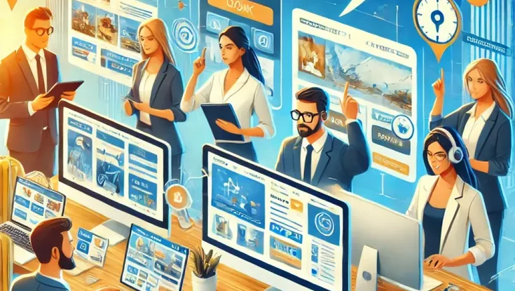 Travel booking platform case study showing a team managing flight reservations, digital booking interfaces, and customer travel services.