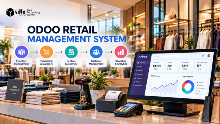 Odoo Retail Management System showing inventory, purchasing, POS sales, customer management, reporting, and analytics in a modern retail store.