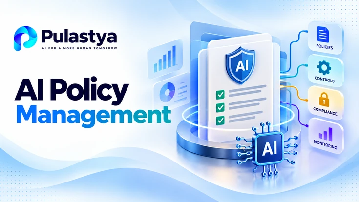 AI Policy Management banner showing AI policy documents, security controls, compliance, and monitoring connected through an AI governance system.