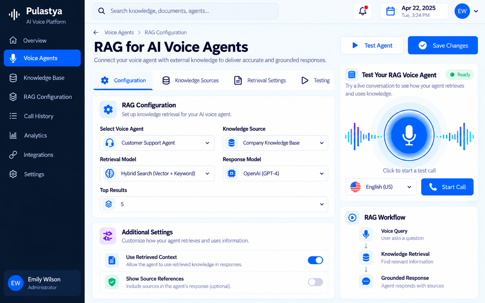 RAG for AI voice agents dashboard showing knowledge sources, hybrid retrieval settings, grounded responses, and live voice agent testing