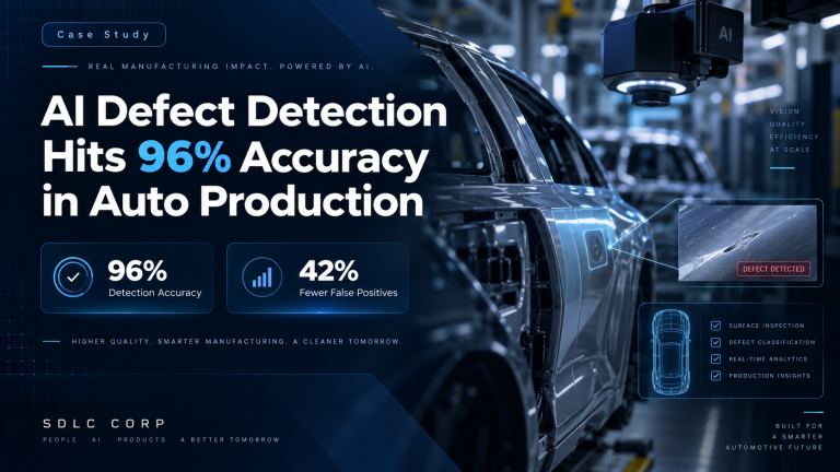 AI defect detection case study showing automotive computer vision inspection with 96% detection accuracy and fewer false positives.