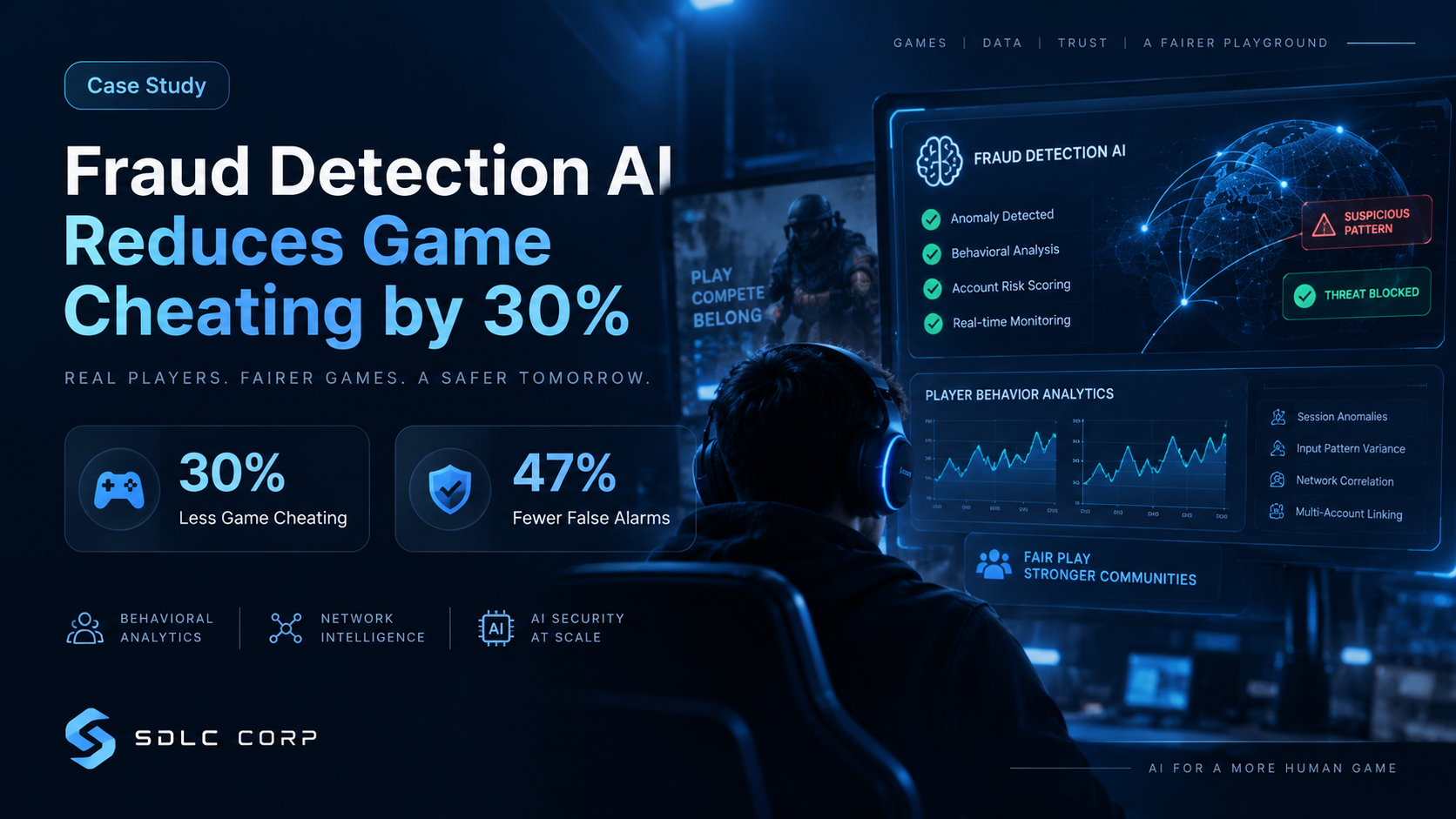 Fraud detection AI case study showing behavioral analytics, graph intelligence, real-time risk scoring, and 30% less game cheating.