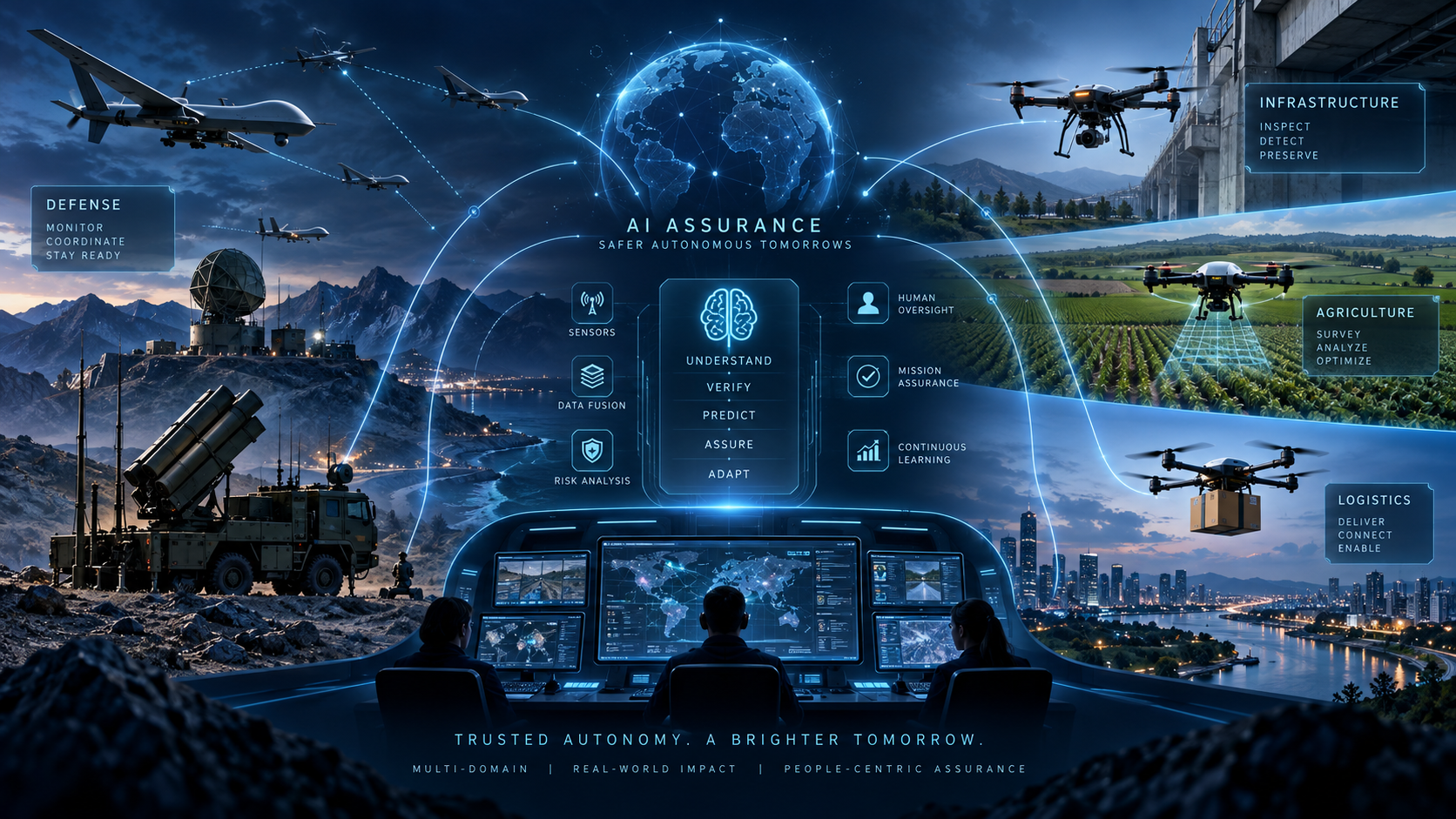 Assurio AI assurance command hub showing adaptive AI validation, TEVV evidence review, human accountability and acceptance decisions.