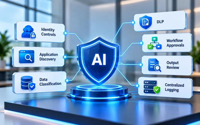 AI security and governance controls: identity controls, application discovery, data classification, DLP, workflow approvals, output review and centralized logging