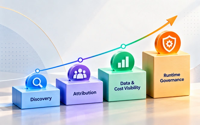 AI monitoring maturity stages rising from discovery to attribution, data and cost visibility, and runtime governance