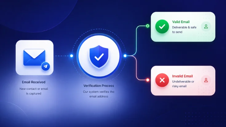 Email verification process showing received emails checked and classified as valid and safe to send or invalid and risky.