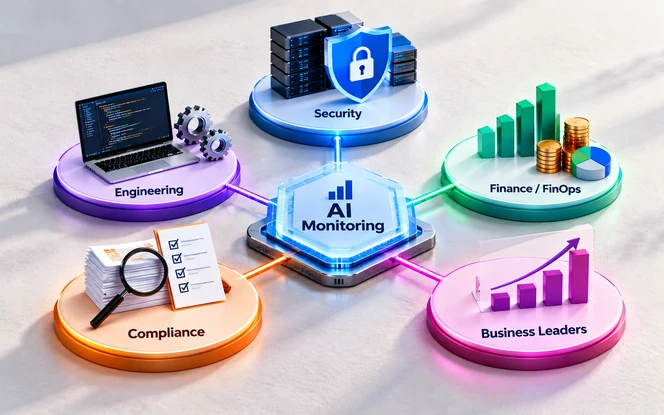 Teams using AI monitoring: security, engineering, finance or FinOps, compliance, and business leaders