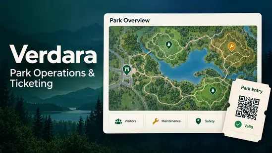 Verdara park operations and ticketing platform showing an interactive park map, maintenance and safety controls, and a QR entry ticket.