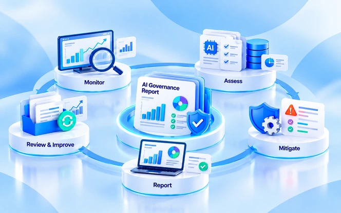 AI governance reporting lifecycle from evidence collection and metrics to reporting and executive decisions.