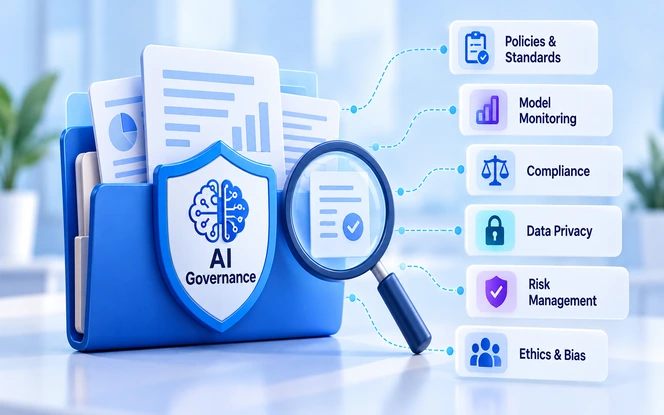 AI Governance framework illustrating policies and standards, model monitoring, regulatory compliance, data privacy, risk management, and AI ethics.