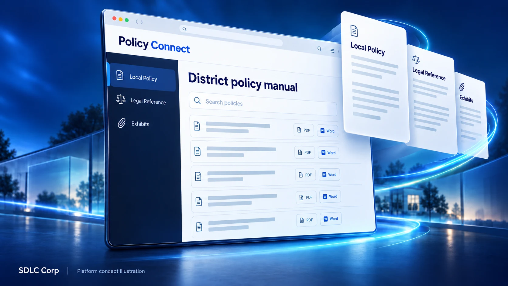 Policy Connect: school-district policy management — Platform concept illustration; not a product screenshot.