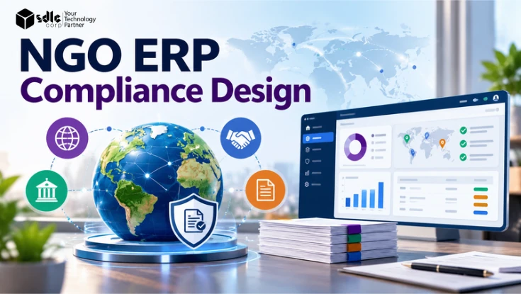 NGO ERP compliance design showing global controls, compliance dashboard, connected rules, and document governance.