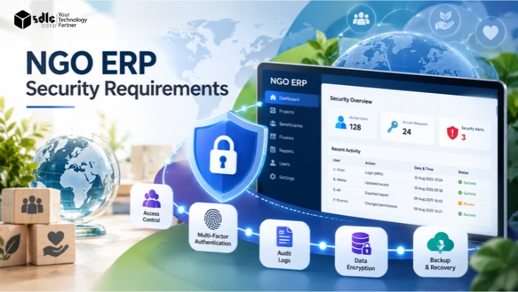 NGO ERP security requirements dashboard showing access control, multi-factor authentication, audit logs, data encryption, and backup and recovery.