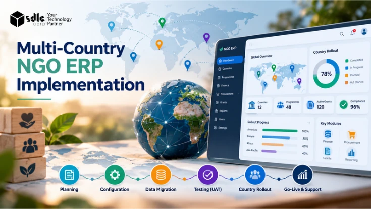 Multi-country NGO ERP implementation dashboard showing global rollout locations, data migration, UAT, country rollout, and go-live support.