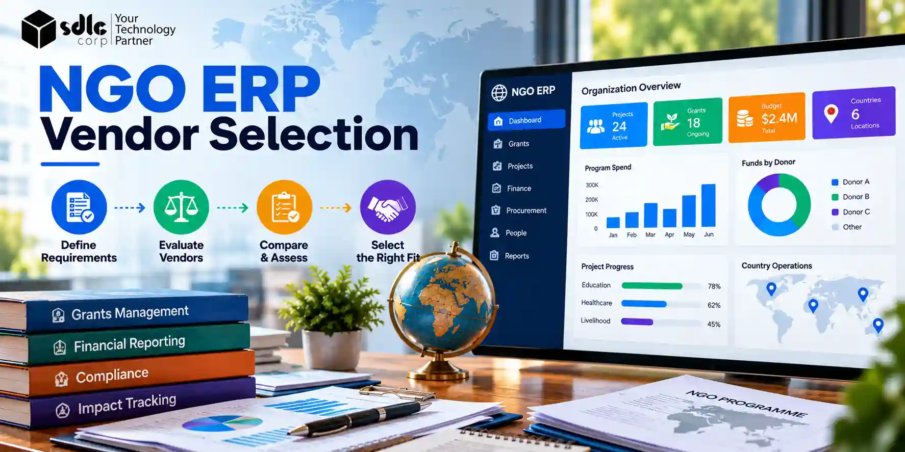 NGO ERP vendor selection dashboard showing requirements, vendor evaluation, comparison, grants, financial reporting, compliance, and global operations.
